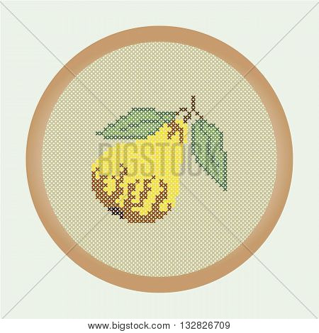 Embroidery yellow pear. Vector illustration: the pear which is cross stitched in a round frame