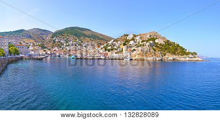 panoramic landscape of Hydra island Saronic Gulf Greece