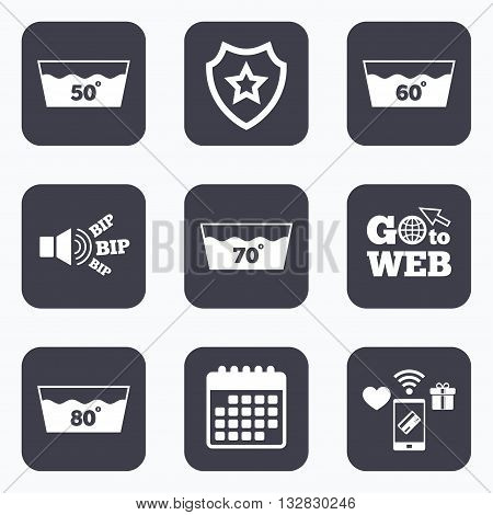 Mobile payments, wifi and calendar icons. Wash icons. Machine washable at 50, 60, 70 and 80 degrees symbols. Laundry washhouse signs. Go to web symbol.