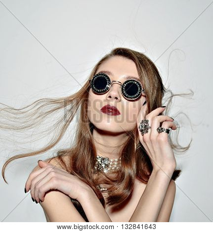 Young sexy emotional woman wear summer sunshine mirrored sunglasses, summer frock, swag and bright make up red lips, show emotions, Lifestyle portrait Urban fashion on white background