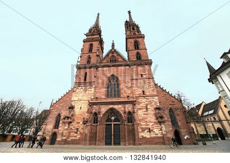 BASEL, SWITZERLAND- Nov 17, 2015: Basel cathedral on Nov 17, 2015 in Basel, Switzerland. It is a landmark historic cathedral in the city of Basel.