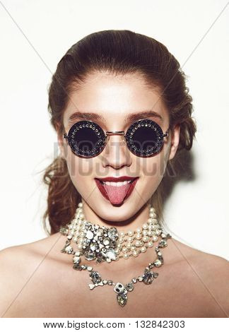 Young sexy emotional woman wear summer sunshine mirrored sunglasses, summer frock, swag and bright make up red lips, show emotions, Lifestyle portrait Urban fashion on white background