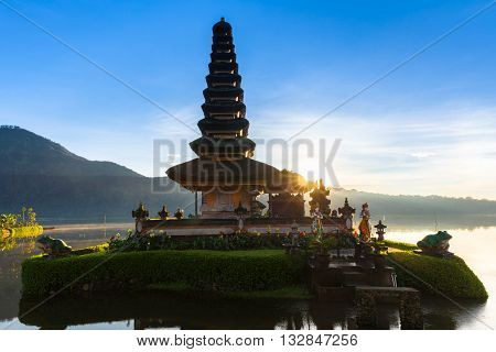 Pura Ulun Danu Bratan at sunrise famous temple on the lake Bedugul Bali Indonesia.