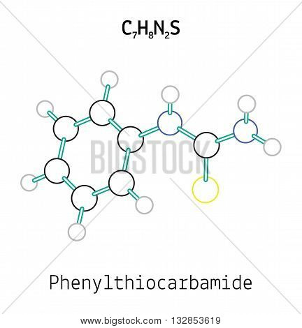 C7H8N2S Phenylthiocarbamide 3d molecule isolated on white