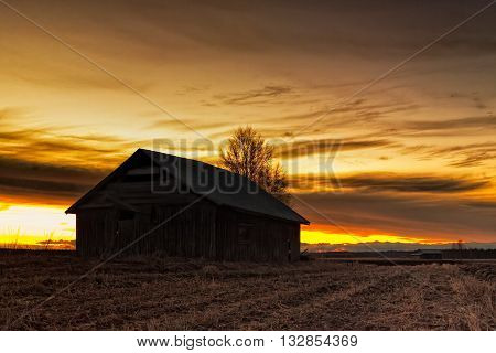 A lonely old barn house stands on the springtime fields of the Northern Finland. The sun sets beautifully behind it.