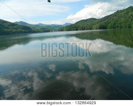 water mirror at the acumulation lake, Baraj Firiza, Maramures, Romania