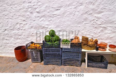 traditional grocery shop with fruits at Aegean island Greece