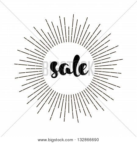 Vintage SALE poster. Grunge banner with sunburst. Hand written lettering. Aged paper with calligraphy elements. Isolated on white. Vector illustration.