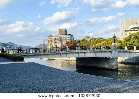 Ruins of The Dome in Hiroshima with the thriving new city surrounding.  The Dome was the epicenter of the A-bomb blast during World War II.