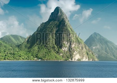 View of the famous Piton mountains in St Lucia