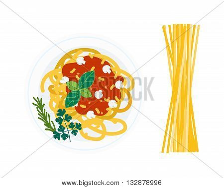 Spaghetti pasta with tomato slices on white background. Italian dinner pasta dish and lunch plate pasta plate. Pasta dish tomato cuisine spaghetti and pasta dish delicious cheese gourmet healthy.