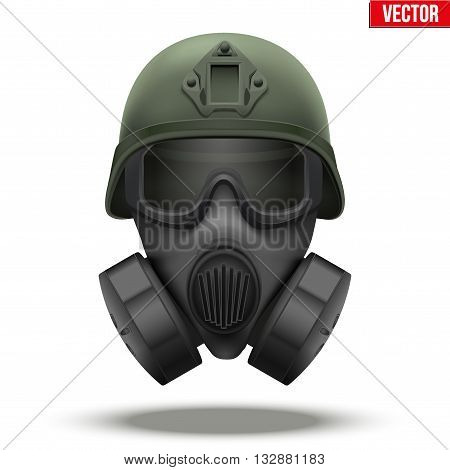 Military tactical helmet of rapid reaction with gas mask. Green color. Army and police symbol of defense. Editable Vector illustration Isolated on white background.