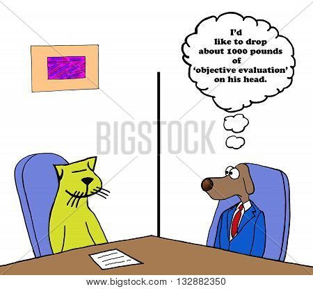 Business cartoon about conflict between employees during a performance review or project review.