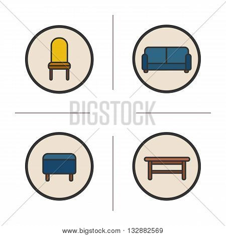 Sitting furniture color icons set. Modern house interior items. Upholstered chair, stool, sofa and wooden bench. Vector isolated illustrations
