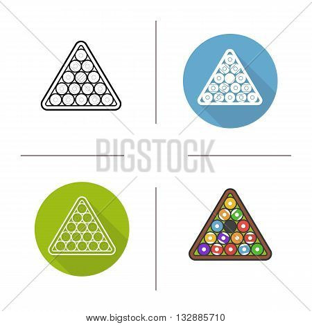 Billiard balls rack flat design, linear and color icons set. Sports equipment. Contour and long shadow symbols. Billiard balls rack logo concepts. Isolated vector illustrations. Infographic elements