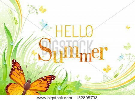 Butterfly background with beautiful swirls, leafs, blue dragonflies and copyspace.