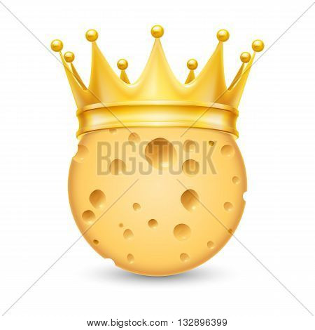 Golden crown on the head of cheese isolated on white background