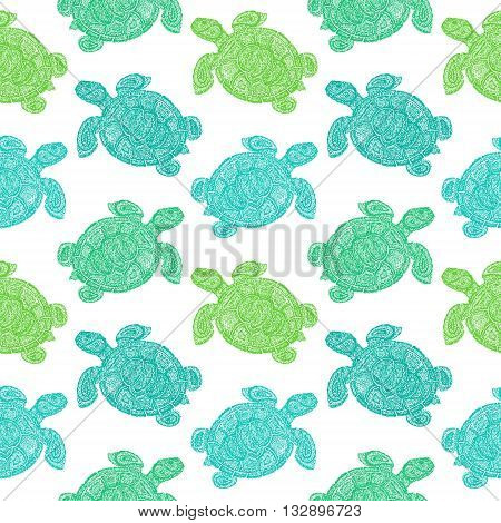 Sea Turtle Illustration In Paisley Mehndi Style Pattern.