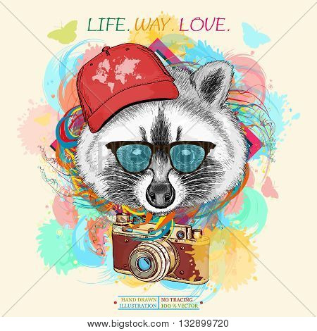 Raccoon hipster portrait of a raccoon art print hand drawn animal illustration