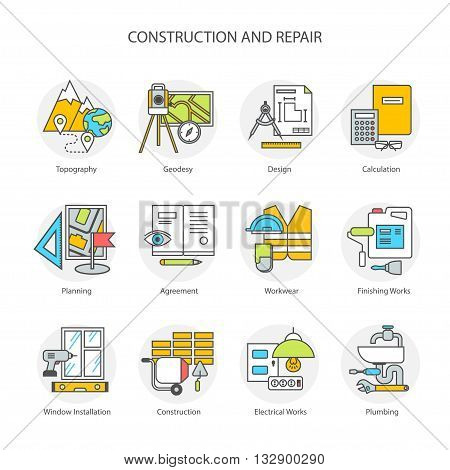 Flat line conceptual stages set icons, objects and tools. Preparation, construction and repair. Modern flat linear concept of the icon, symbol set for websites, mobile sites and applications.