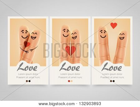 Modern colorful vertical love motive banners. Pair of happy fingers smiley in love. photo session flyer or wedding invitations set. Backgrounds with selfie fingers. Vector illustration