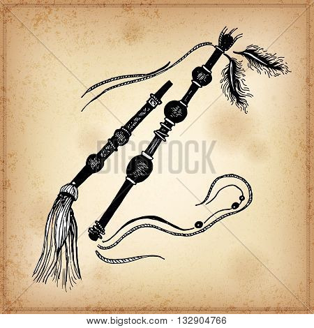 Set of hand drawing ink black and white Indian Wand. Vector illustration. Set of doodle tribal Indian ink Wand. Elements in native style for greeting card and postcard, henna and tattoo design.