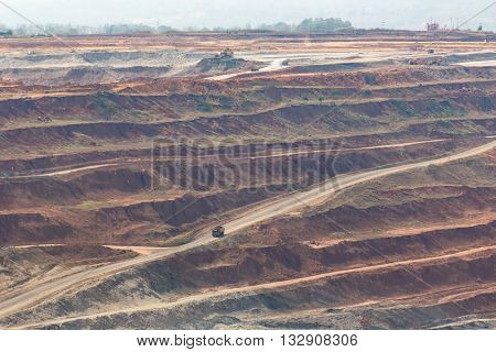 Mining Dump Trucks Working In Lignite Coalmine Lampang Thailand