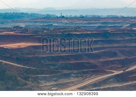 Mining Dump Trucks Working In Lignite Coalmine Lampang Thailand