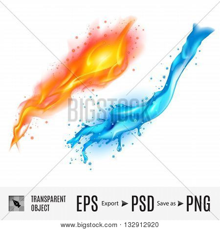 A bright blue water and yellow fire representing the elements on white