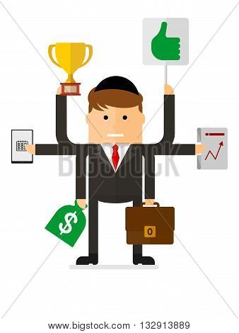 Teamwork Jewish Businessman Busy With Several Cases