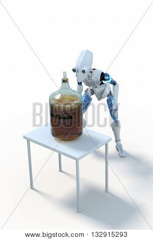 3D Rendering of a robot with a glass carboy of fermenting home-brewed beer on a small white table against a white background.