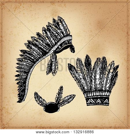 Set of hand drawing ink black and white Indian headdress. Vector. Set of doodle tribal Indian ink headdress. Elements in native style for greeting card and postcard, henna and tattoo design.