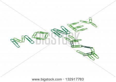 money word made of paperclips isolated on white background