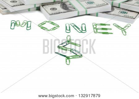paperclips and dollars isolated on white background