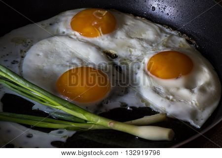 Eggs fried in a pan  and green onion