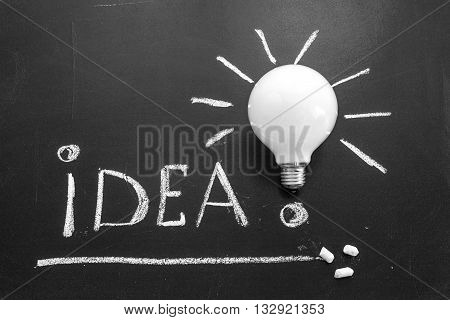 The title Idea! written by white chalk and the light bulb on the black chalkboard light bulb idea business idea business concept Innovation concept