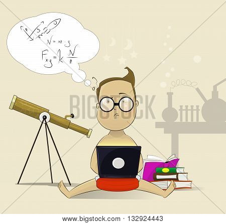 illustration of adorable baby sitting up wearing eyeglasses and looking at notebook. Talant children, education concept vector layered illustration