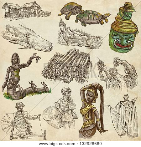 Travel LAOS- Pictures of Life.Collection of an hand drawn colored illustrations - Lao People's Democratic Republic.Pack of full sized hand drawn illustrationsset of freehand sketches.Drawing on paper