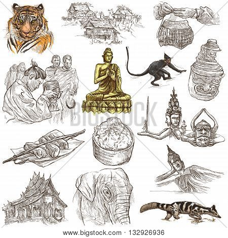 Travel LAOS- Pictures of Life.Collection of an hand drawn colored illustrations - Lao People's Democratic Republic.Pack of full sized hand drawn illustrationsset of freehand sketches.Drawing on white