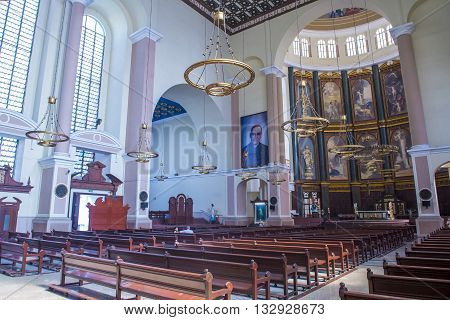 SAN SALVADOR EL SALVADOR - MAY 06 : The Cathedral interior in San Salvador El Salvador on May 06 2016. The Cathedral was completed and inaugurated on March 19 1999