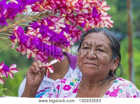 PANCHIMALCO EL SALVADOR - MAY 08 : A Salvadoran woman decorates palm fronds with flowers during the Flower & Palm Festival in Panchimalco El Salvador on May 08 2016