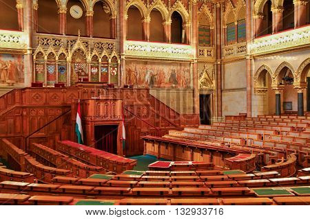 BUDAPEST HUNGARY - MAY 8 2016: Interior view of Parliament Building. The building was completed in 1905 and is in Gothic Revival style.