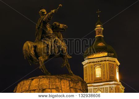 Bogdan Khmelnitsky Equestrian Statue Saint Sophhia Sofiyskaya Square Kiev Ukraine. Founder of Ukraine Cossack State in 1654. Statue created 1881 by Sculptor Mikhail Mykeshin