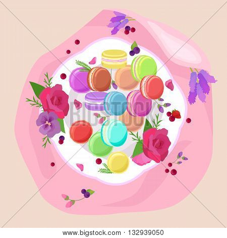 Sweet and colourful french macaroons or macaron vector illustration. Dessert fruit macaroons and different colors macaroons. Pasty traditional sweet macaroons biscuit dessert france delicious.