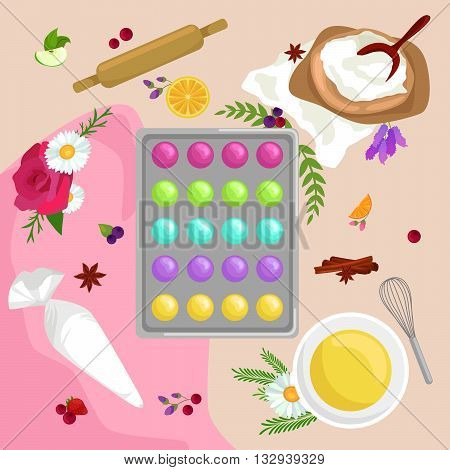Sweet and colourful french macaroons or macaron vector illustration. Dessert fruit macaroons and different colors macaroons. Pasty traditional sweet macaroons biscuit dessert france delicious.