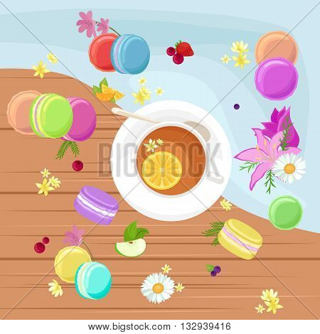 Sweet and colourful french macaroons or macaron vector illustration. Dessert fruit macaroons and different colors macaroons. Pasty traditional sweet macaroons biscuit dessert france delicious.