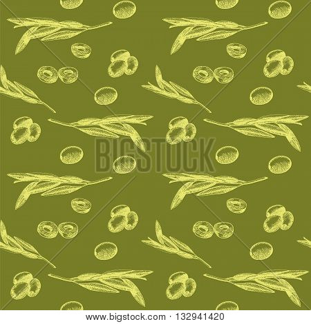 Olive branch seamless pattern hand drawn sketch illustration. Olive vector illustration. Olive branch hand drawn. Olive branch vintage designs. Olive branch label.