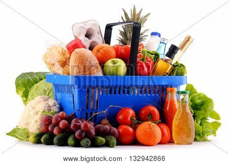 Plastic Shopping Basket With Assorted Gorcery Products