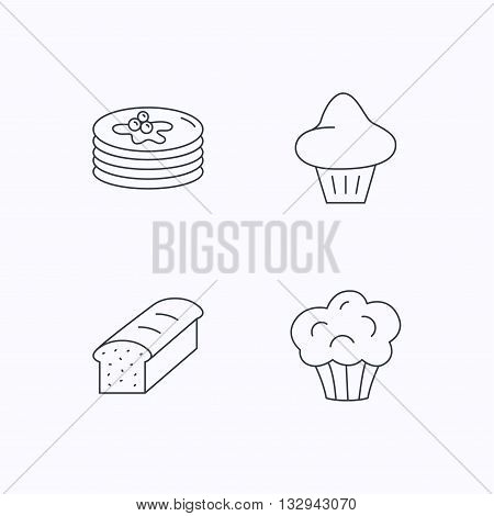 Pancakes, brioche muffin and toast bread icons. Cupcake linear sign. Flat linear icons on white background. Vector