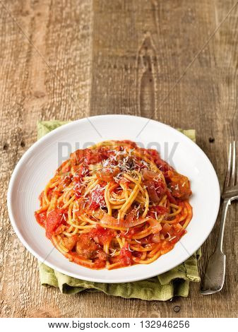 close up of rustic italian bucatini amatriciana